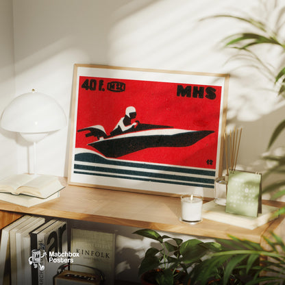 Speedboat - vintage matchbox label print - office wall