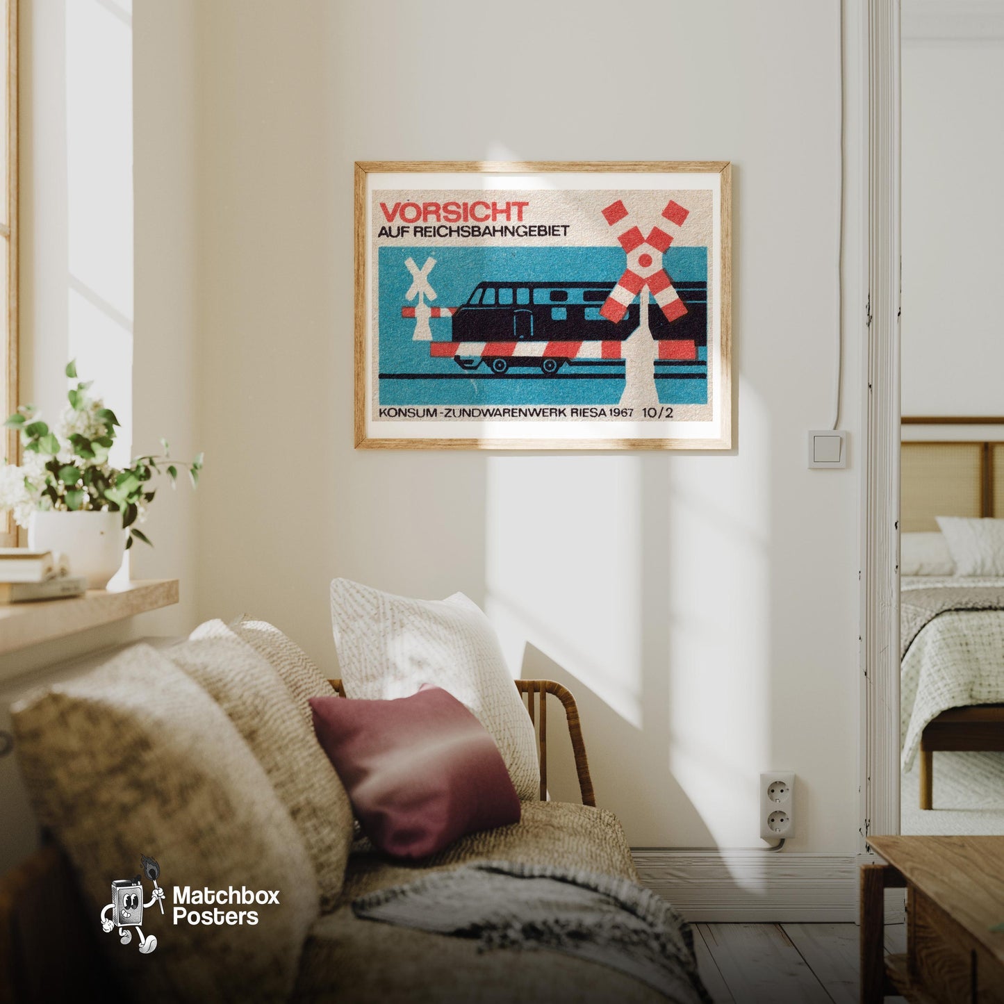 Railroad Crossing Train - vintage matchbox label print - living room mockup