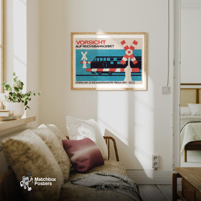 Railroad Crossing Train - vintage matchbox label print - living room mockup