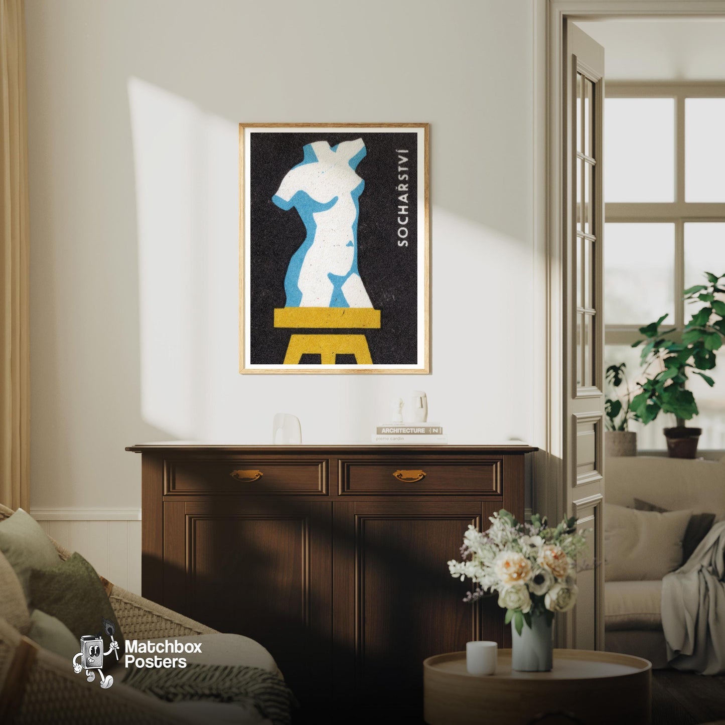 Sculpture Torso - vintage matchbox label print - living room mockup