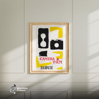 Camera and Film Roll - vintage matchbox label print - bedroom mockup