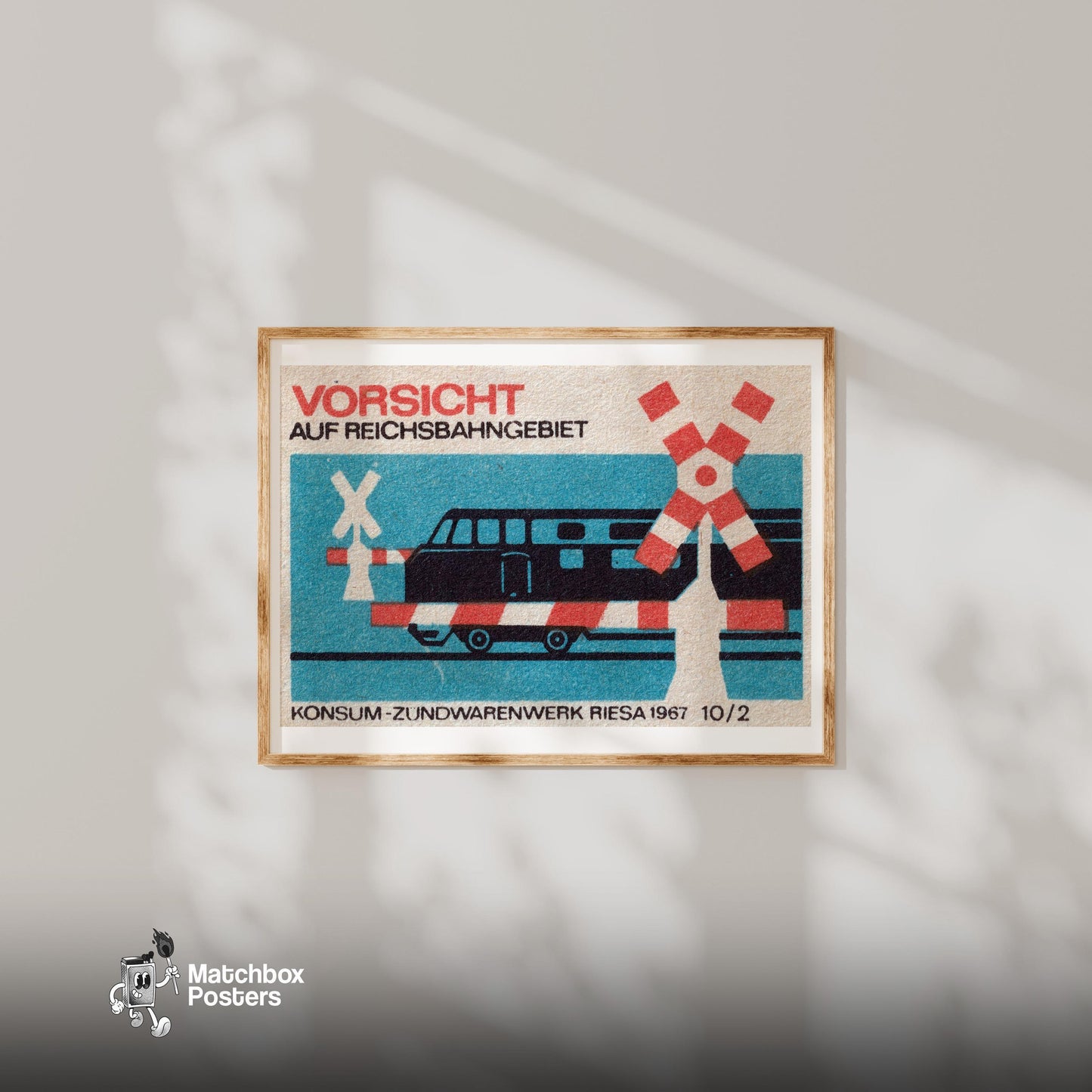 Railroad Crossing Train - vintage matchbox label print - bedroom mockup