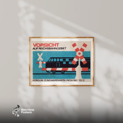 Railroad Crossing Train - vintage matchbox label print - bedroom mockup