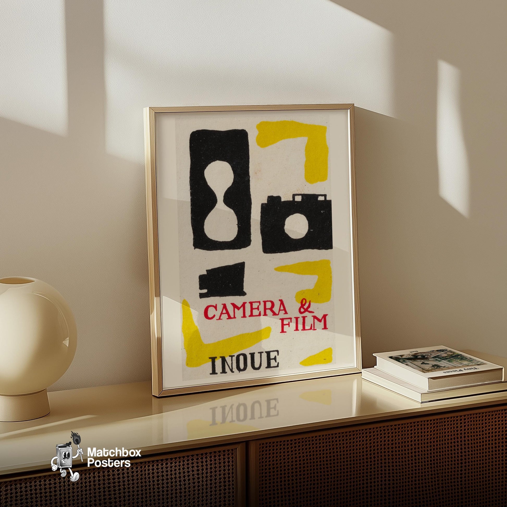 Camera and Film Roll - vintage matchbox label print - size comparison