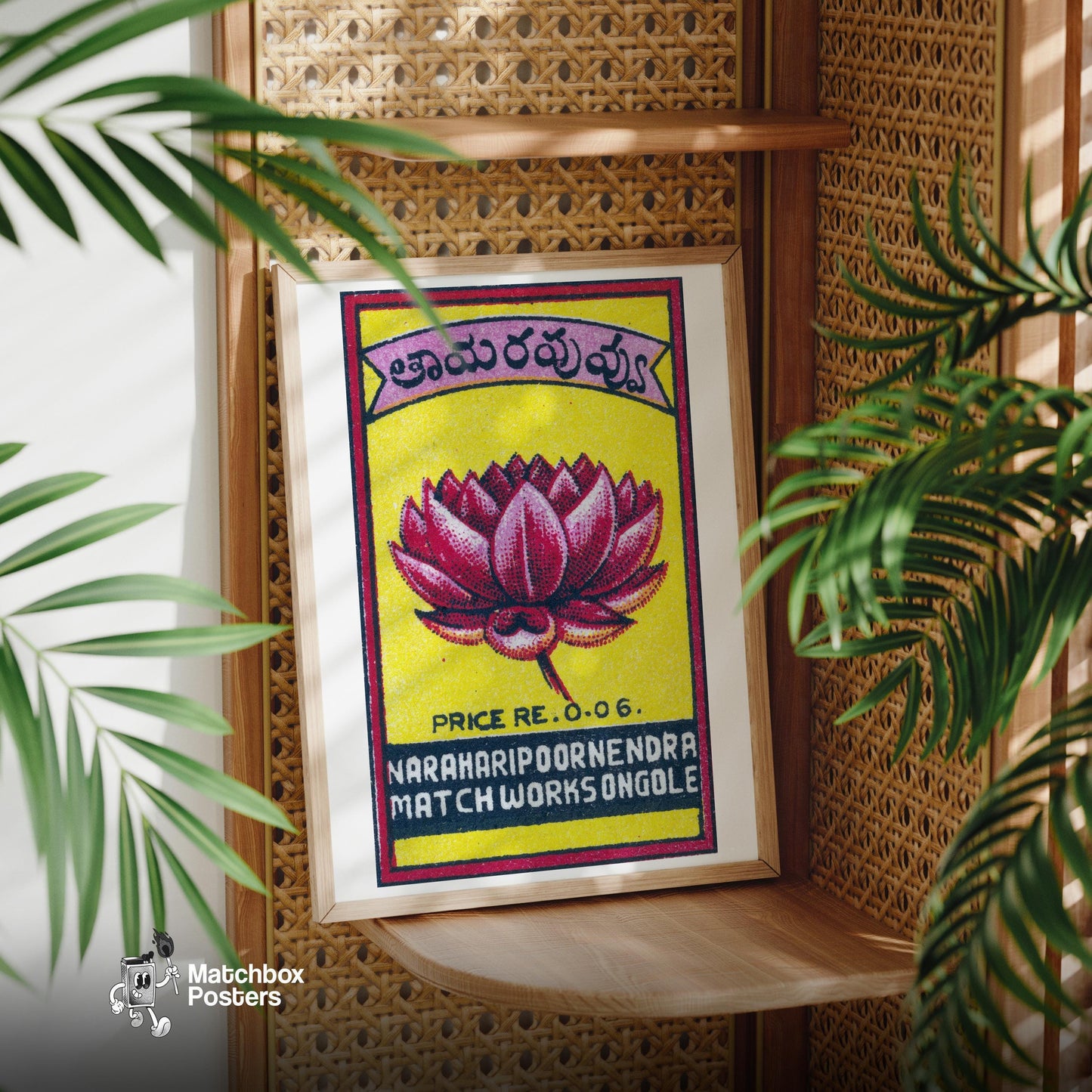 Pink Lotus Flower - vintage matchbox label print - office wall