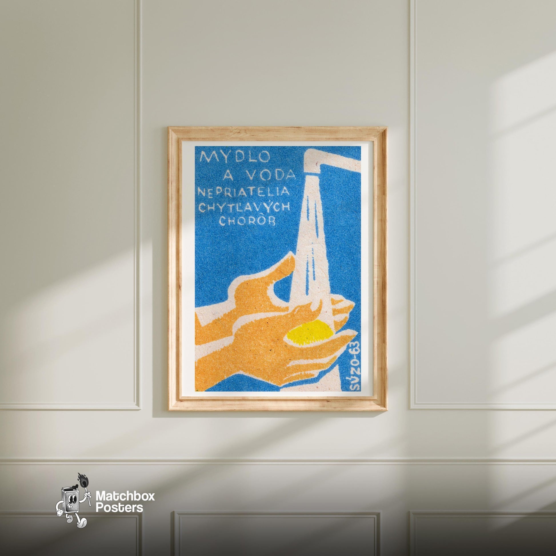 Hands Holding A Bar Of Soap Under Running Water - vintage matchbox label print - bedroom mockup