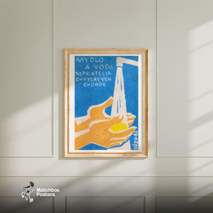 Hands Holding A Bar Of Soap Under Running Water - vintage matchbox label print - bedroom mockup