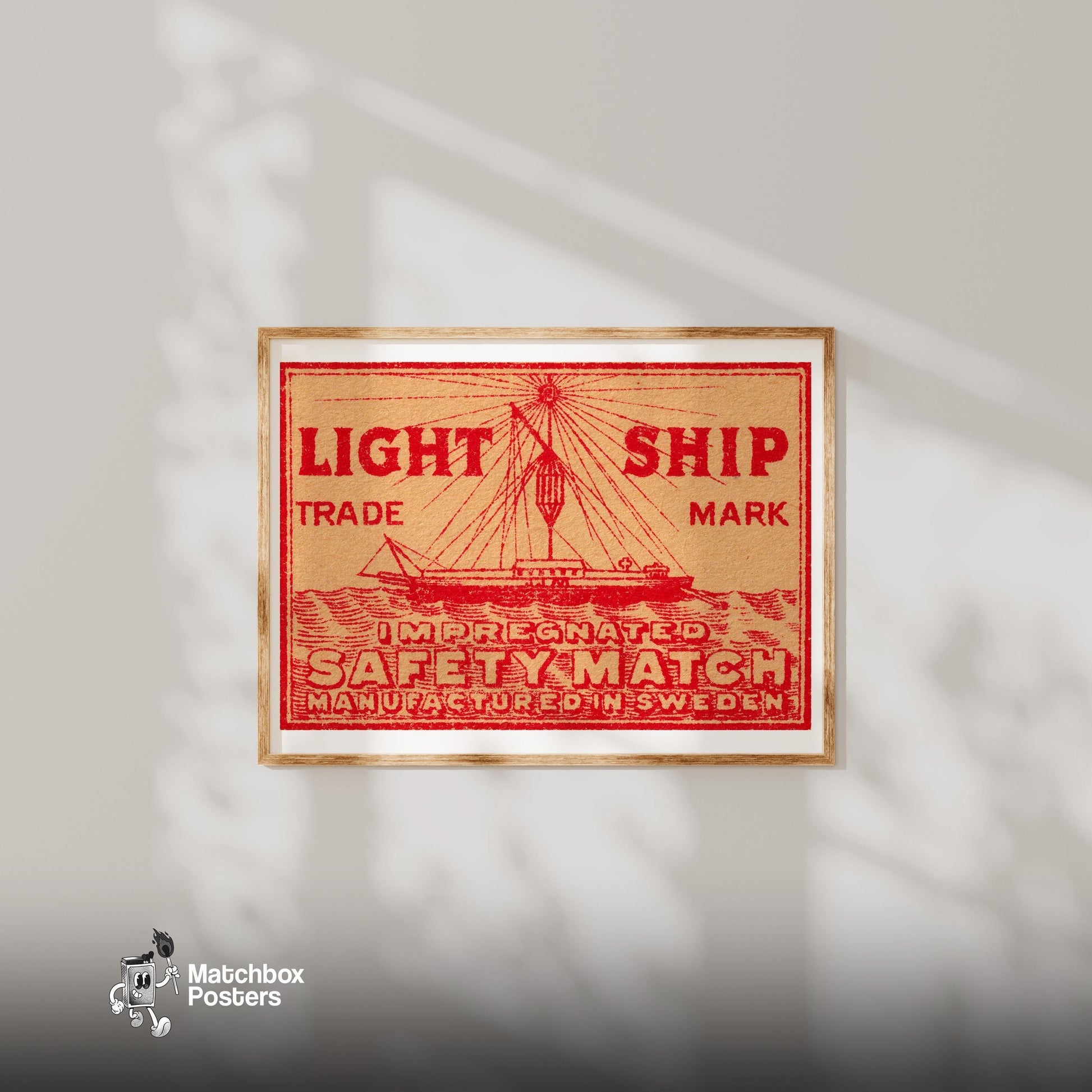 Red Light Ship - vintage matchbox label print - bedroom mockup