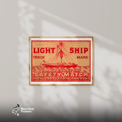 Red Light Ship - vintage matchbox label print - bedroom mockup