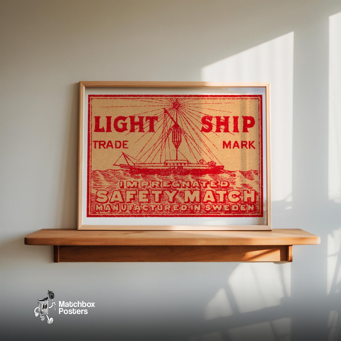 Red Light Ship - vintage matchbox label print - size comparison