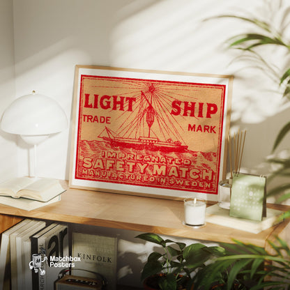 Red Light Ship - vintage matchbox label print - office wall