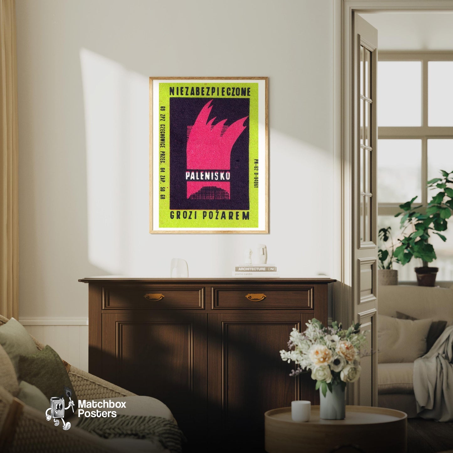 Red Flames - vintage matchbox label print - living room mockup