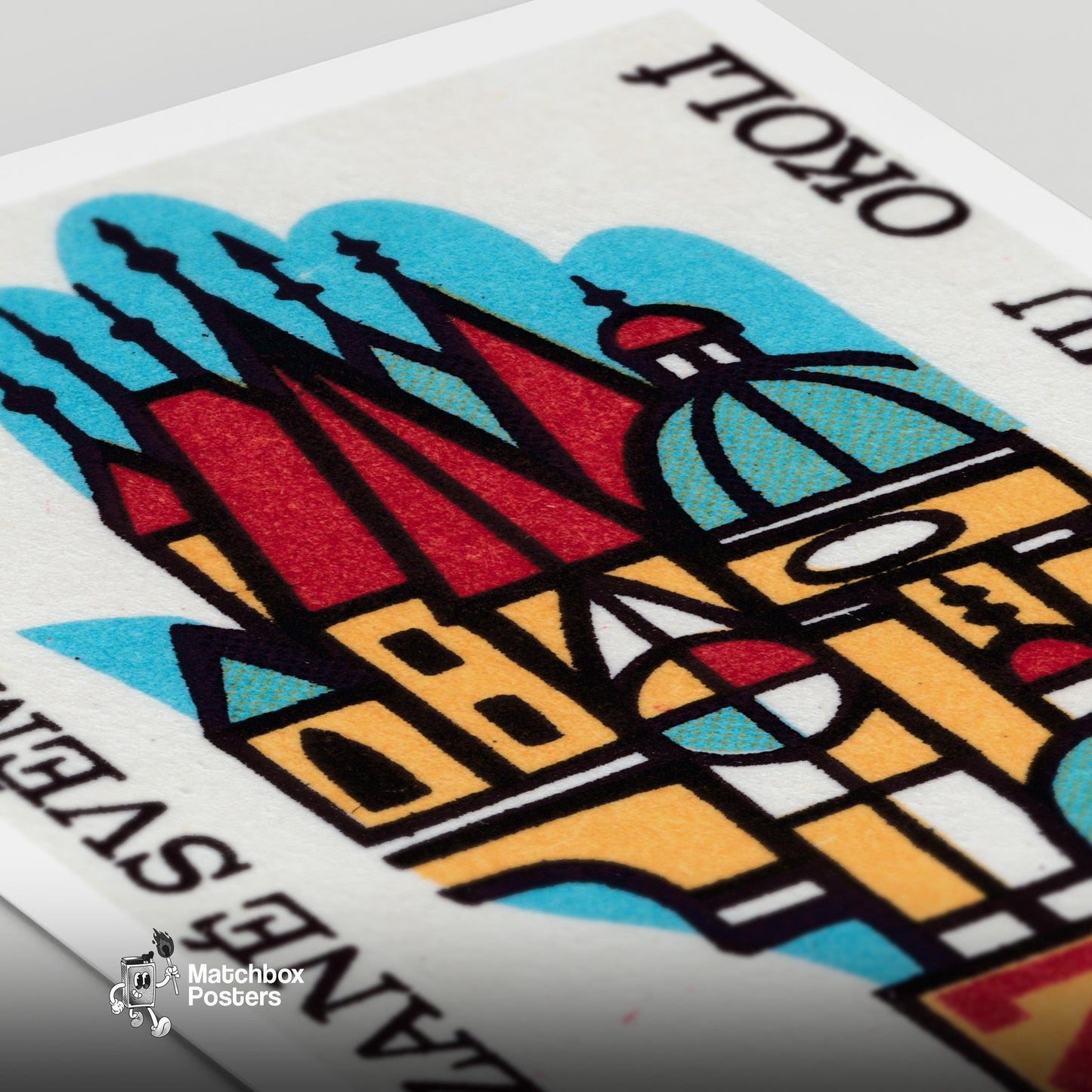 Stylized Depiction Of Prague Architecture - vintage matchbox label print - close-up detail