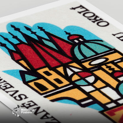 Stylized Depiction Of Prague Architecture - vintage matchbox label print - close-up detail