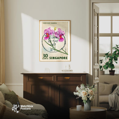 Vanda Miss Joaquim Orchid - vintage matchbox label print - living room mockup
