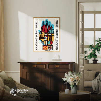 Stylized Depiction Of Prague Architecture - vintage matchbox label print - living room mockup