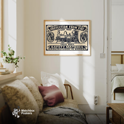 Steam Train - vintage matchbox label print - living room mockup