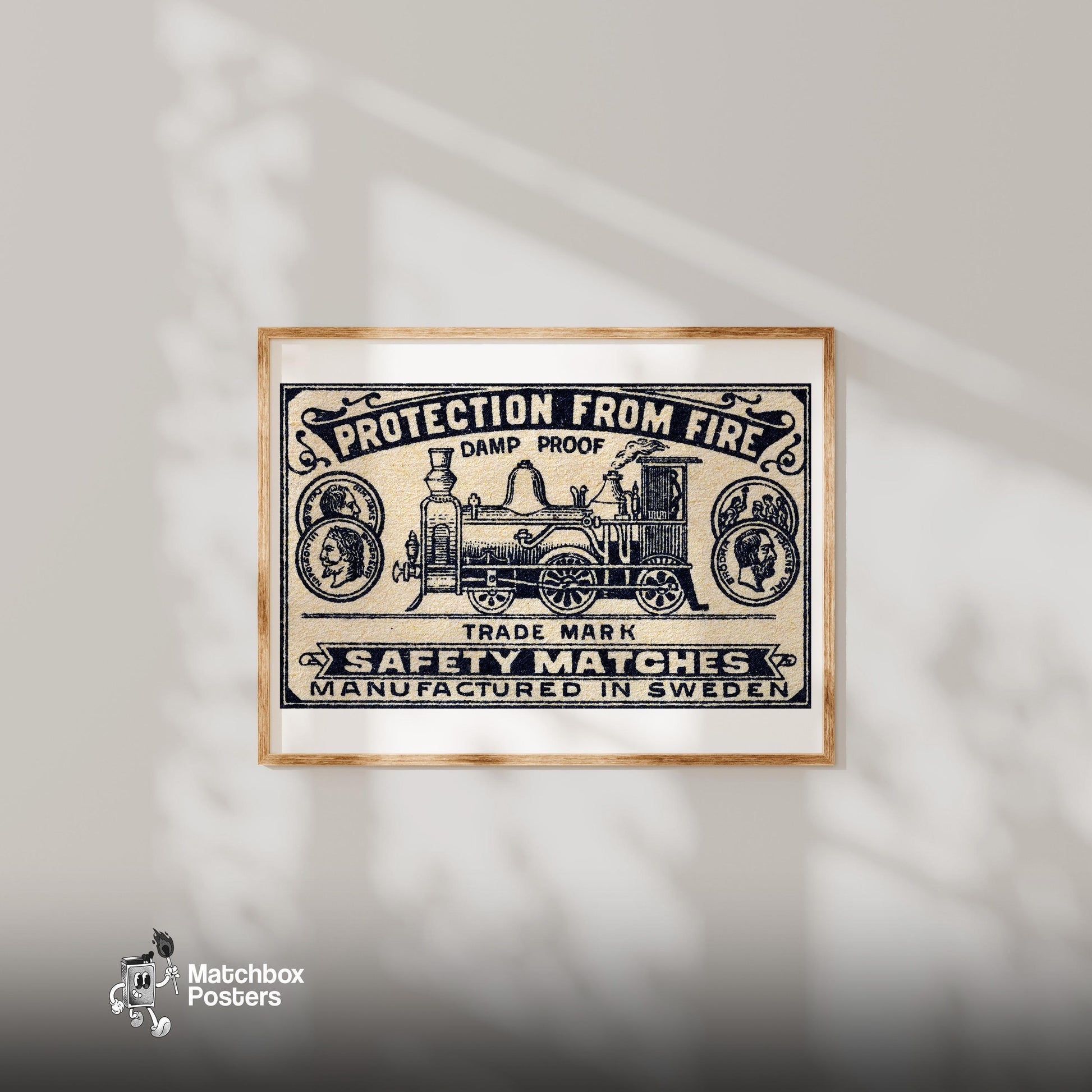 Steam Train - vintage matchbox label print - bedroom mockup