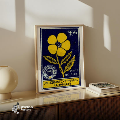 Yellow Flower - vintage matchbox label print - size comparison