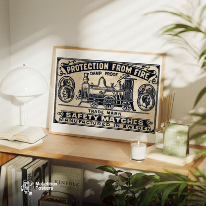 Steam Train - vintage matchbox label print - office wall