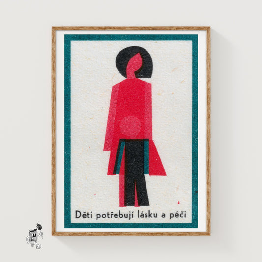 Stylized Abstract Figures Of A Parent - vintage matchbox label print