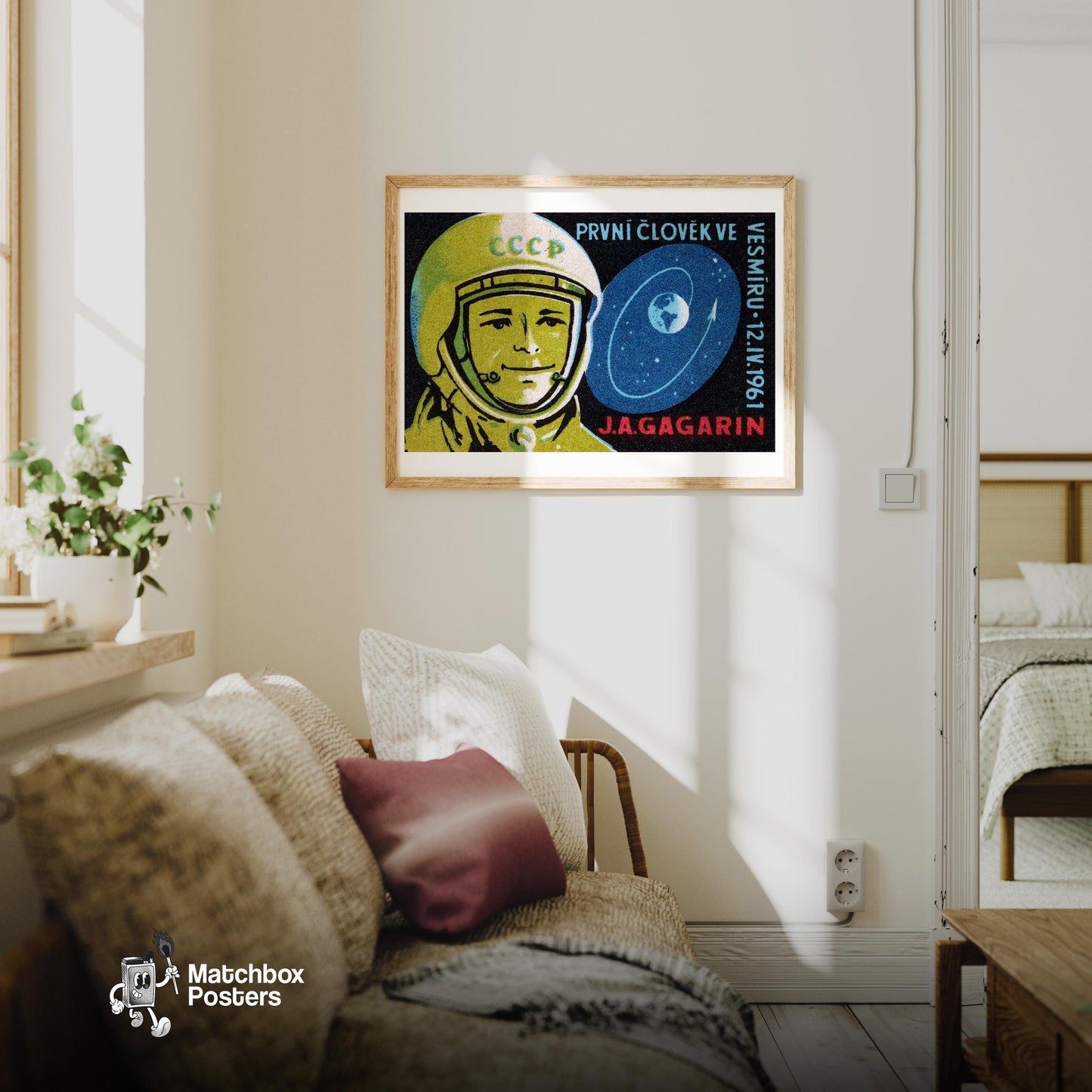Yuri Gagarin - vintage matchbox label print - living room mockup