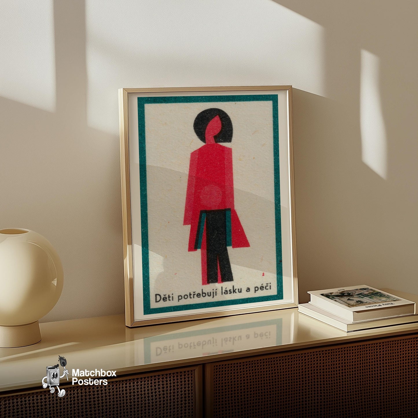 Stylized Abstract Figures Of A Parent - vintage matchbox label print - size comparison