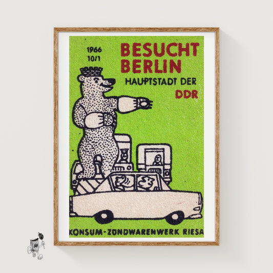 Crowned Bear on Car - vintage matchbox label print