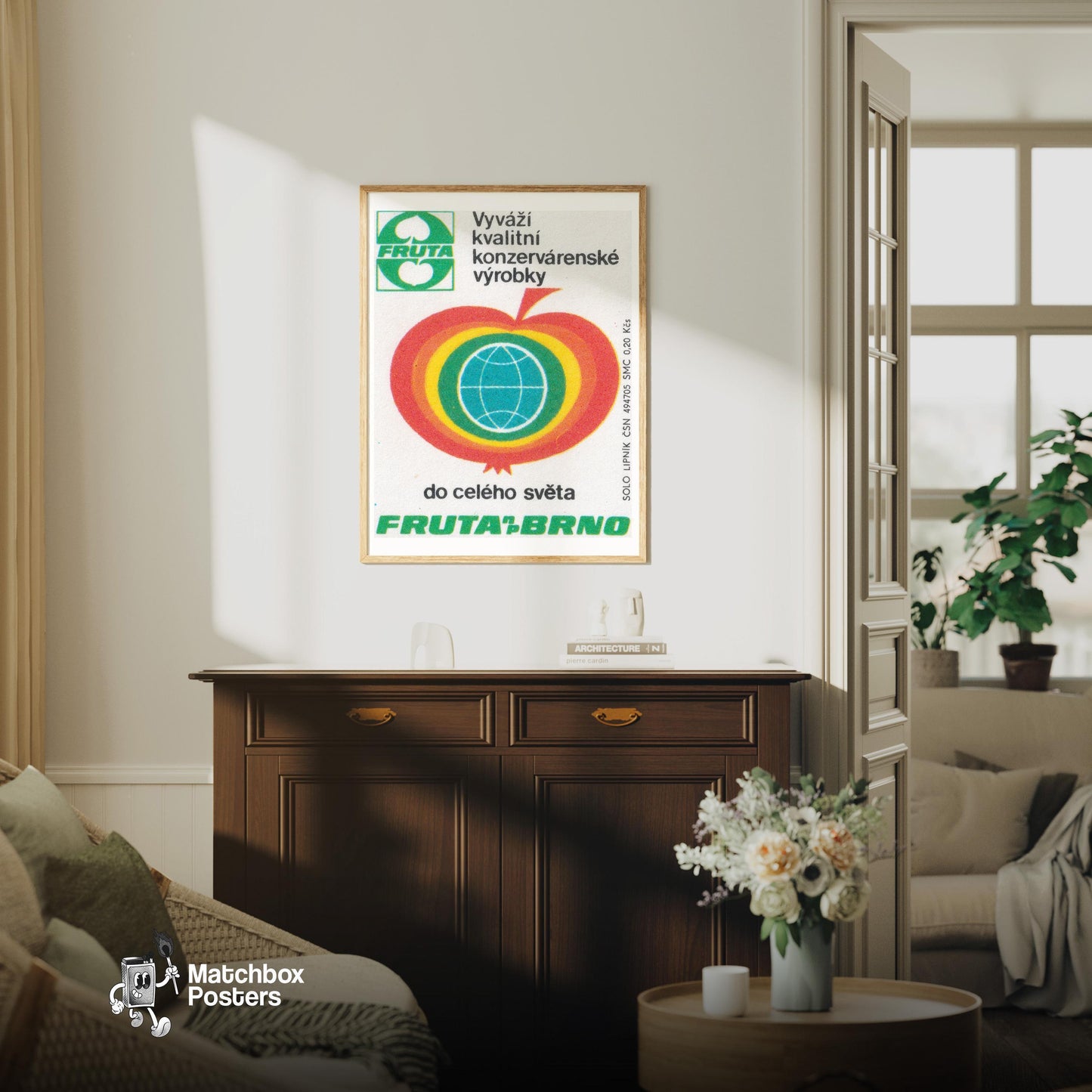 Fruta Brno Apple - vintage matchbox label print - living room mockup