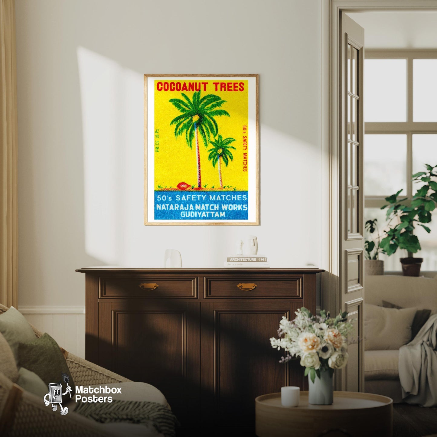 Coconut Trees - vintage matchbox label print - living room mockup
