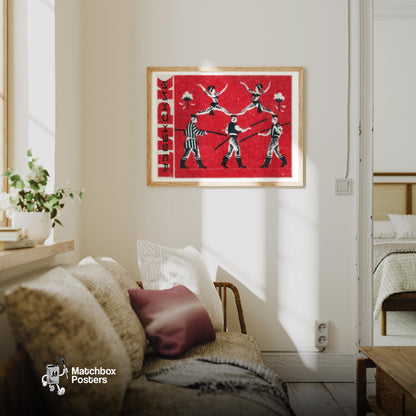Acrobats - vintage matchbox label print - living room mockup