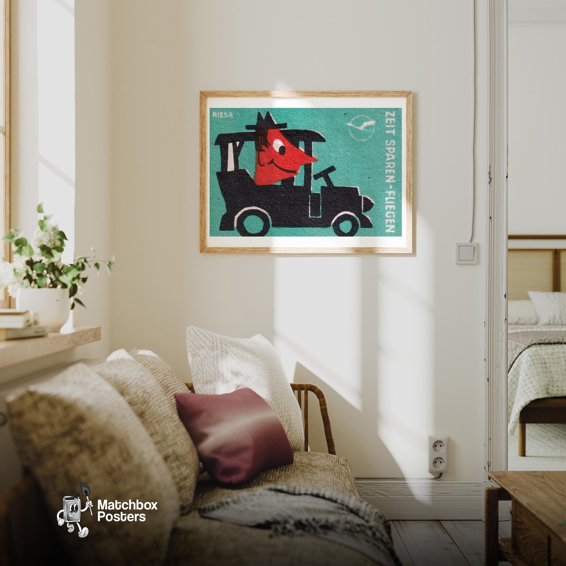 Cartoonish Car - vintage matchbox label print - living room mockup