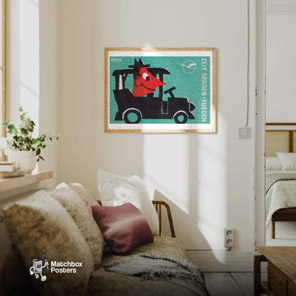 Cartoonish Car - vintage matchbox label print - living room mockup