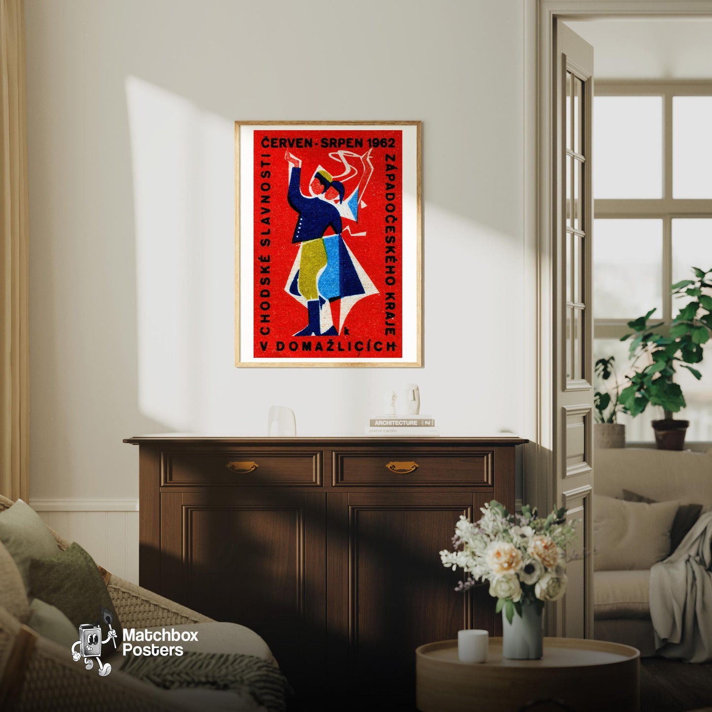 Folk Dancing - vintage matchbox label print - living room mockup