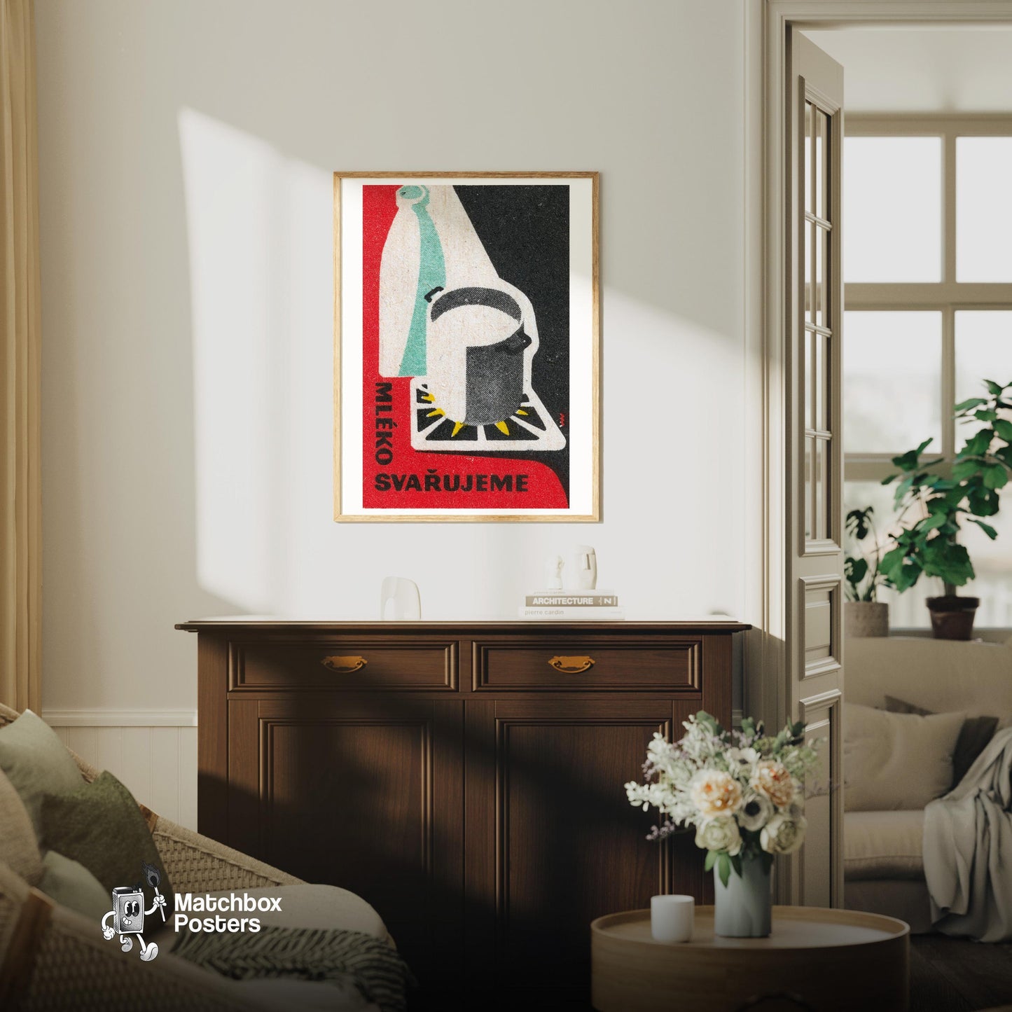 Heating Milk on Gas Stove - vintage matchbox label print - living room mockup