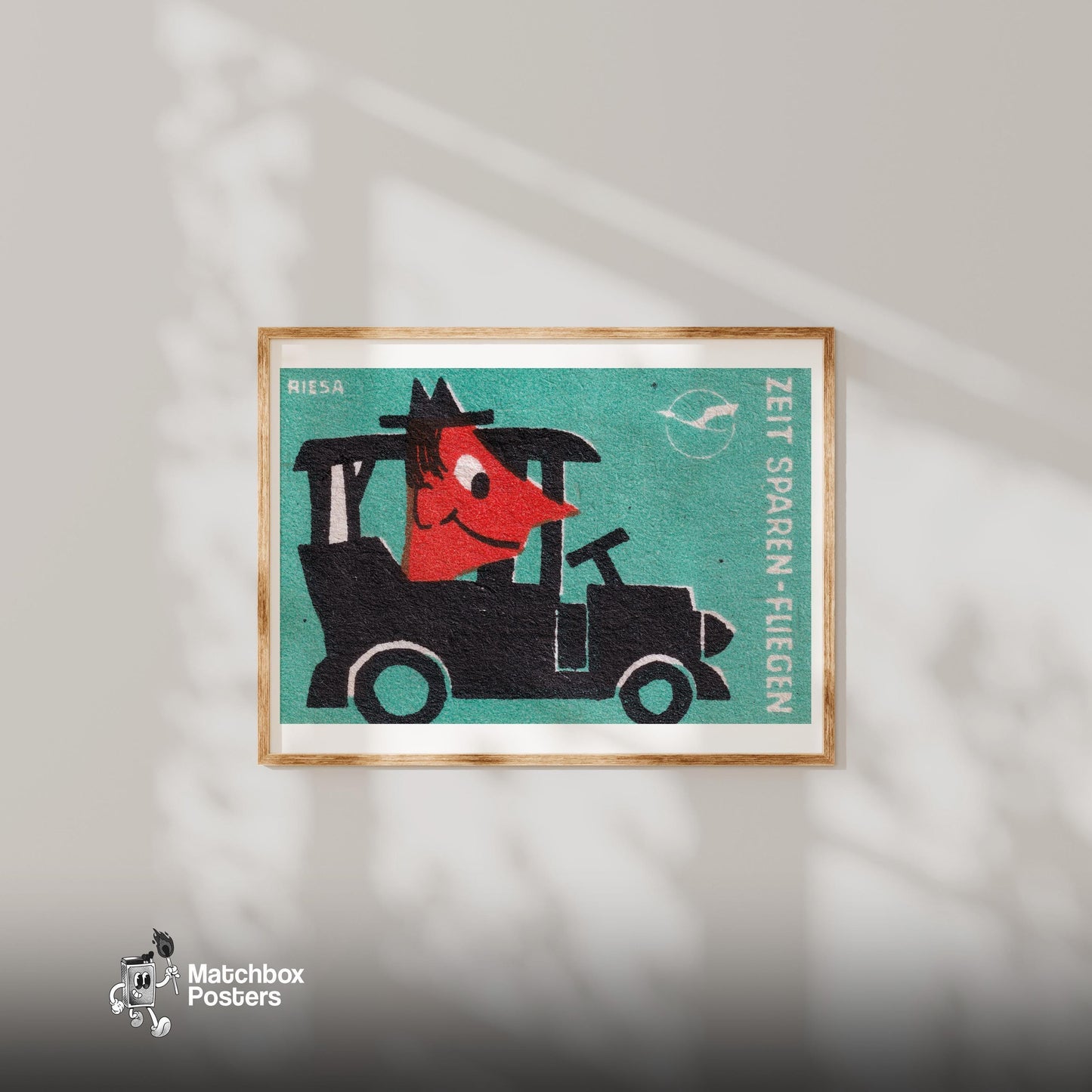Cartoonish Car - vintage matchbox label print - bedroom mockup