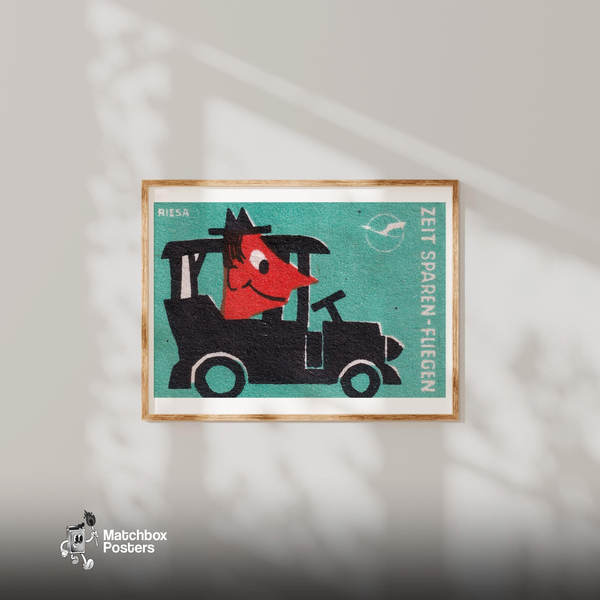 Cartoonish Car - vintage matchbox label print - bedroom mockup