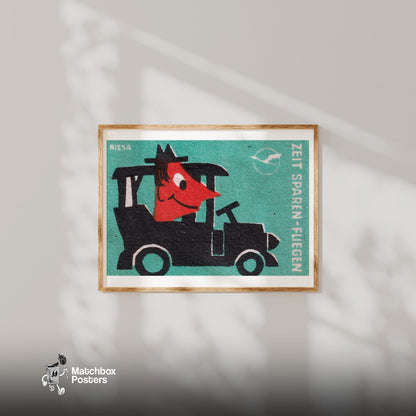 Cartoonish Car - vintage matchbox label print - bedroom mockup