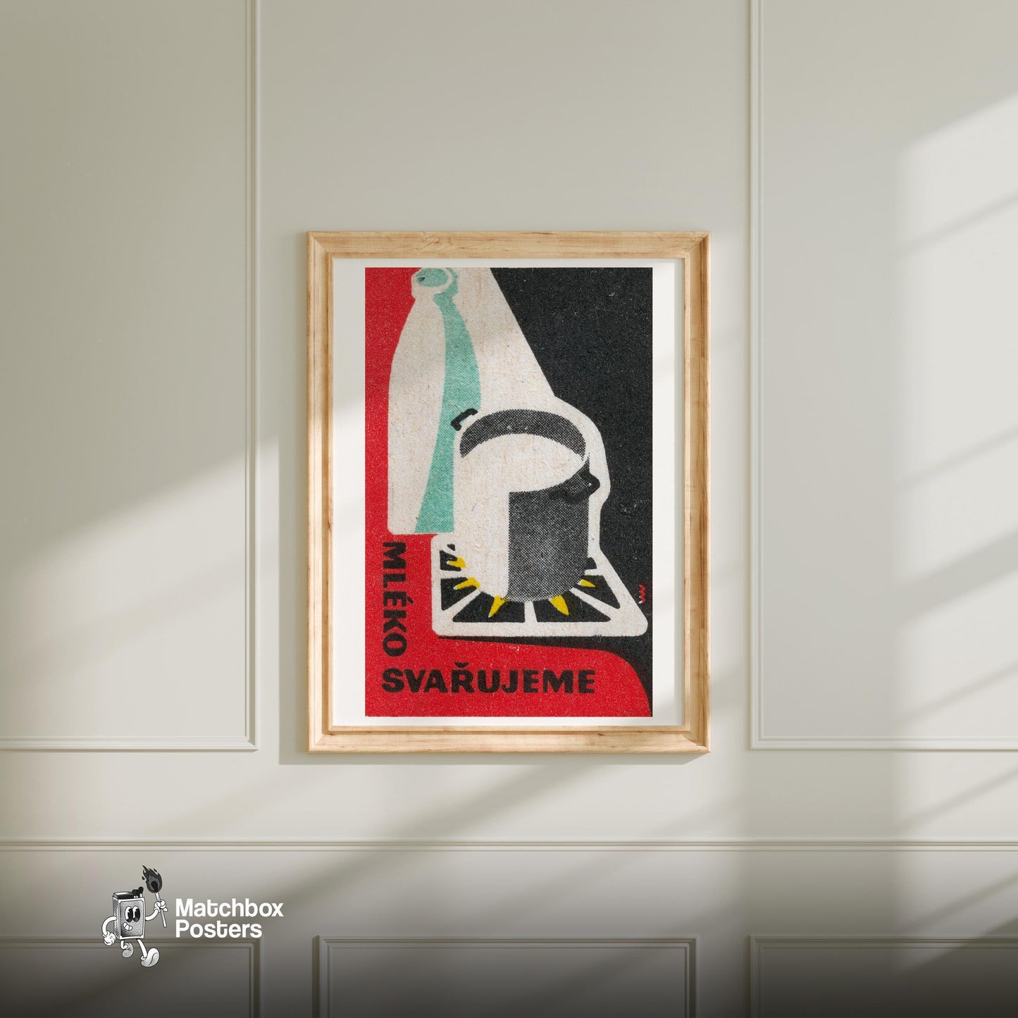 Heating Milk on Gas Stove - vintage matchbox label print - bedroom mockup