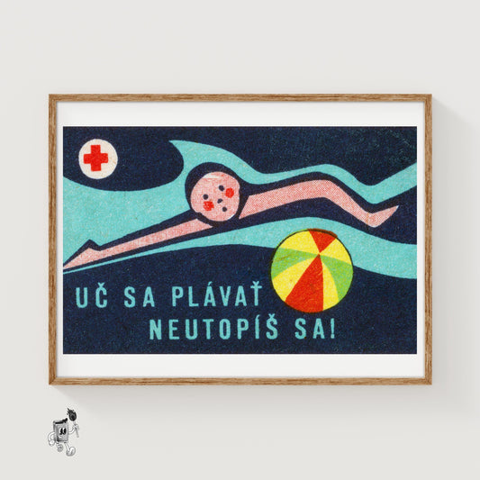 Swimmer Czechoslovakia Mid-Century Matchbox Label - vintage matchbox label print