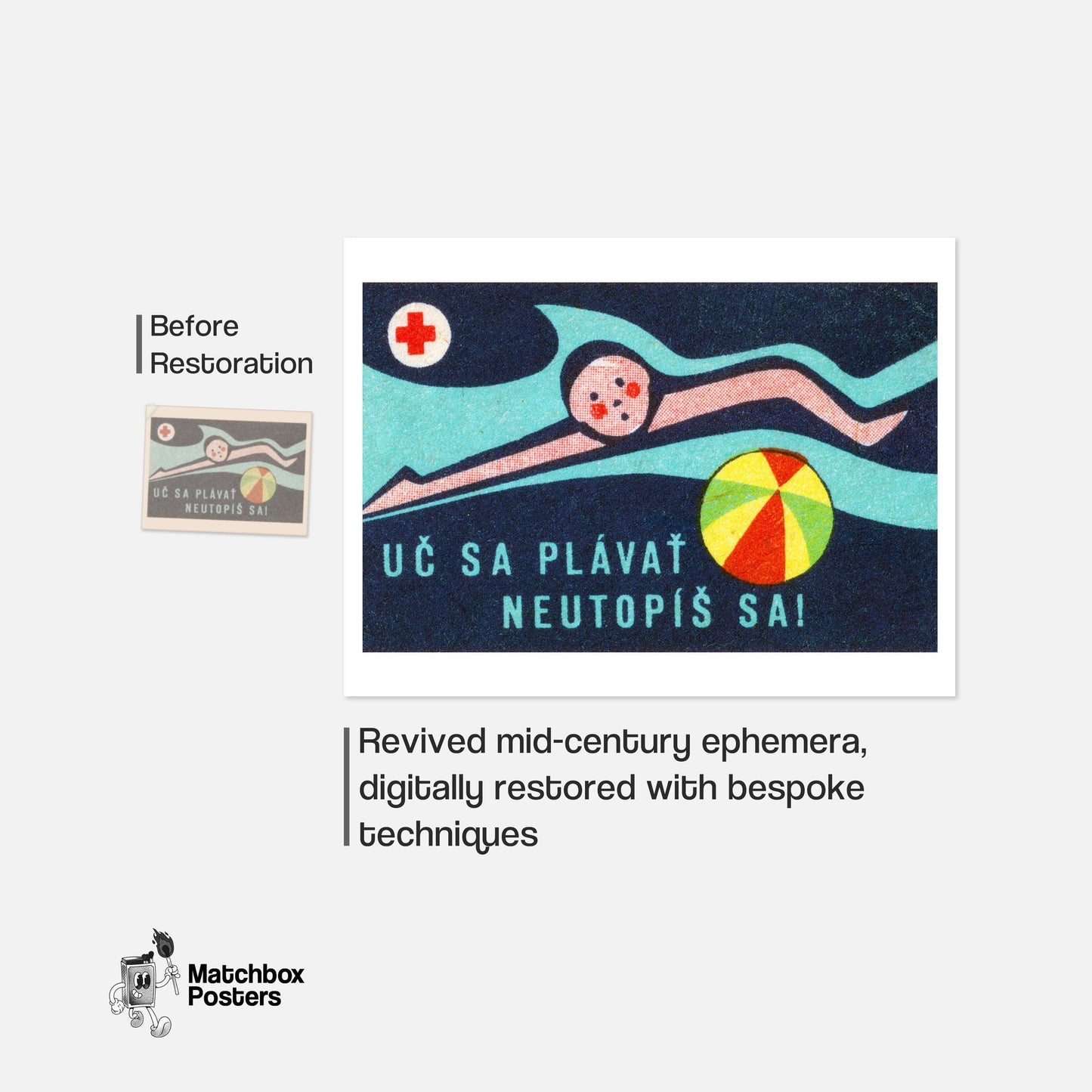 Swimmer Czechoslovakia Mid-Century Matchbox Label - vintage matchbox label print - framed wall art preview