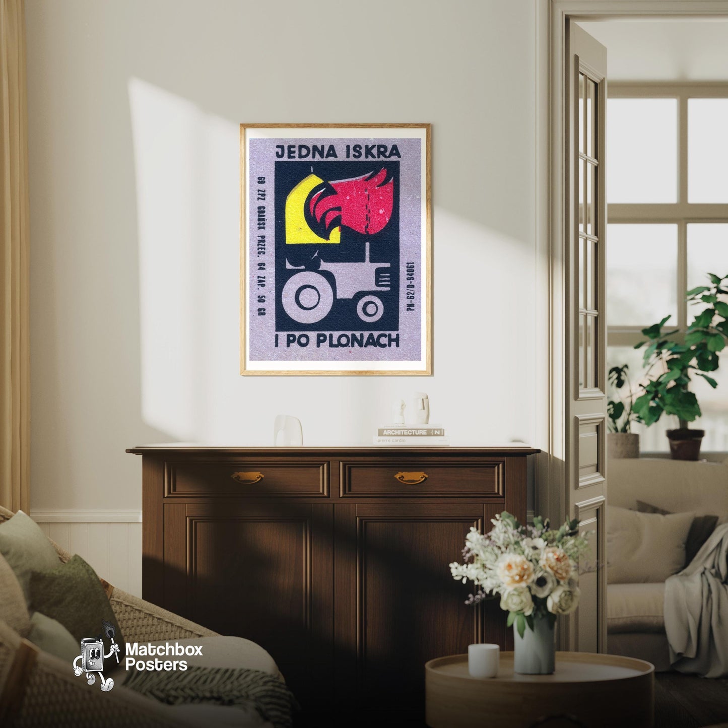 Tractor Poland Mid-Century Matchbox Label - vintage matchbox label print - living room mockup