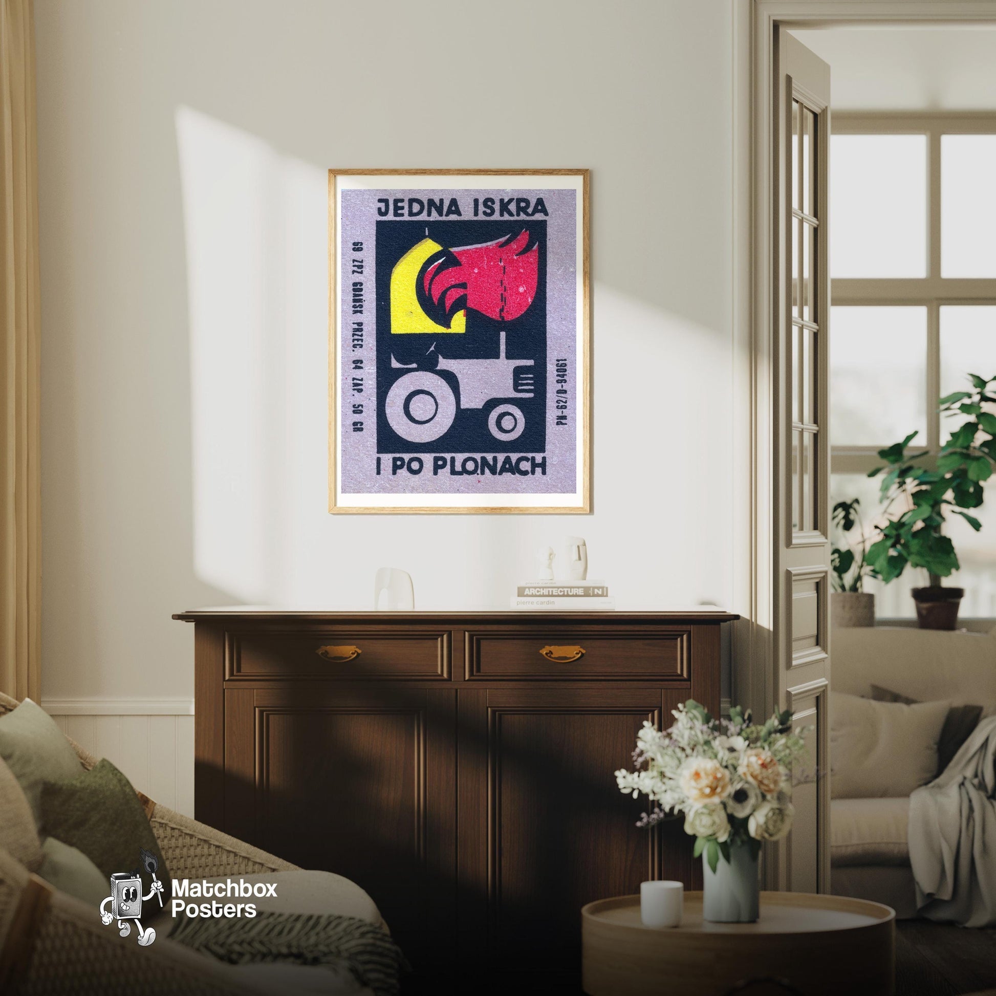 Tractor Poland Mid-Century Matchbox Label - vintage matchbox label print - living room mockup