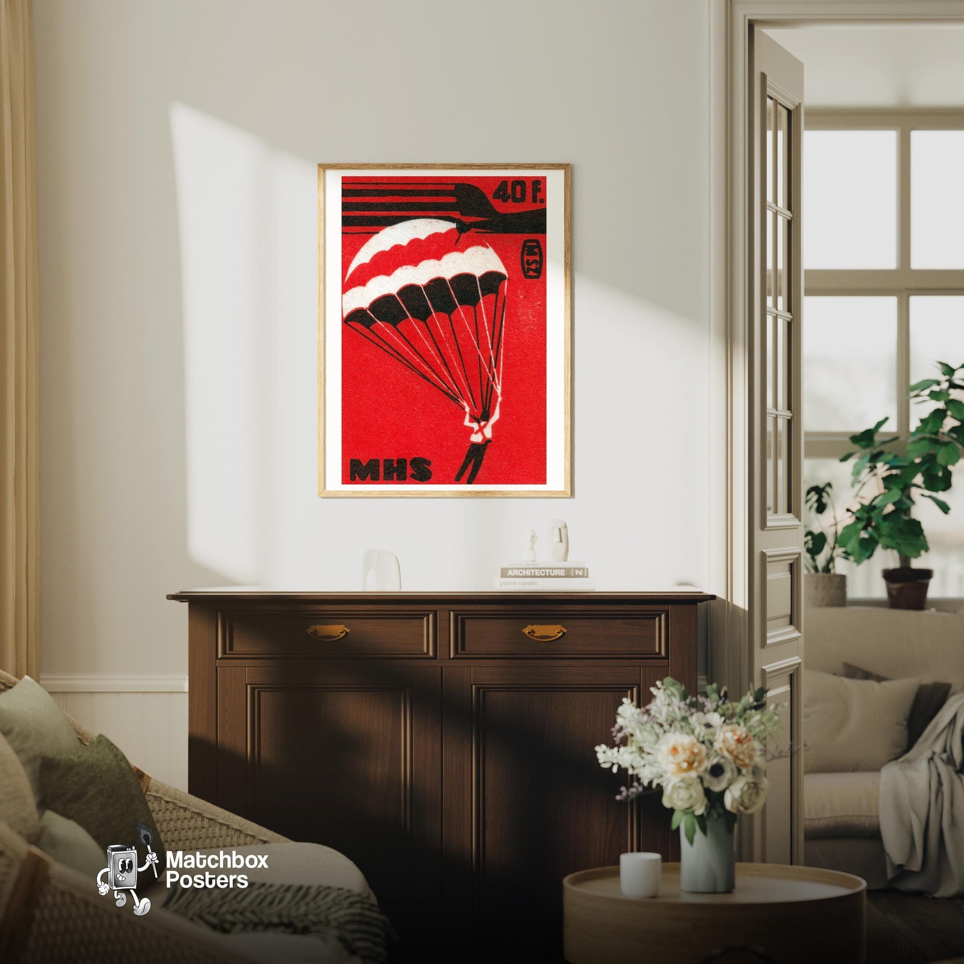 Parachuter - vintage matchbox label print - living room mockup
