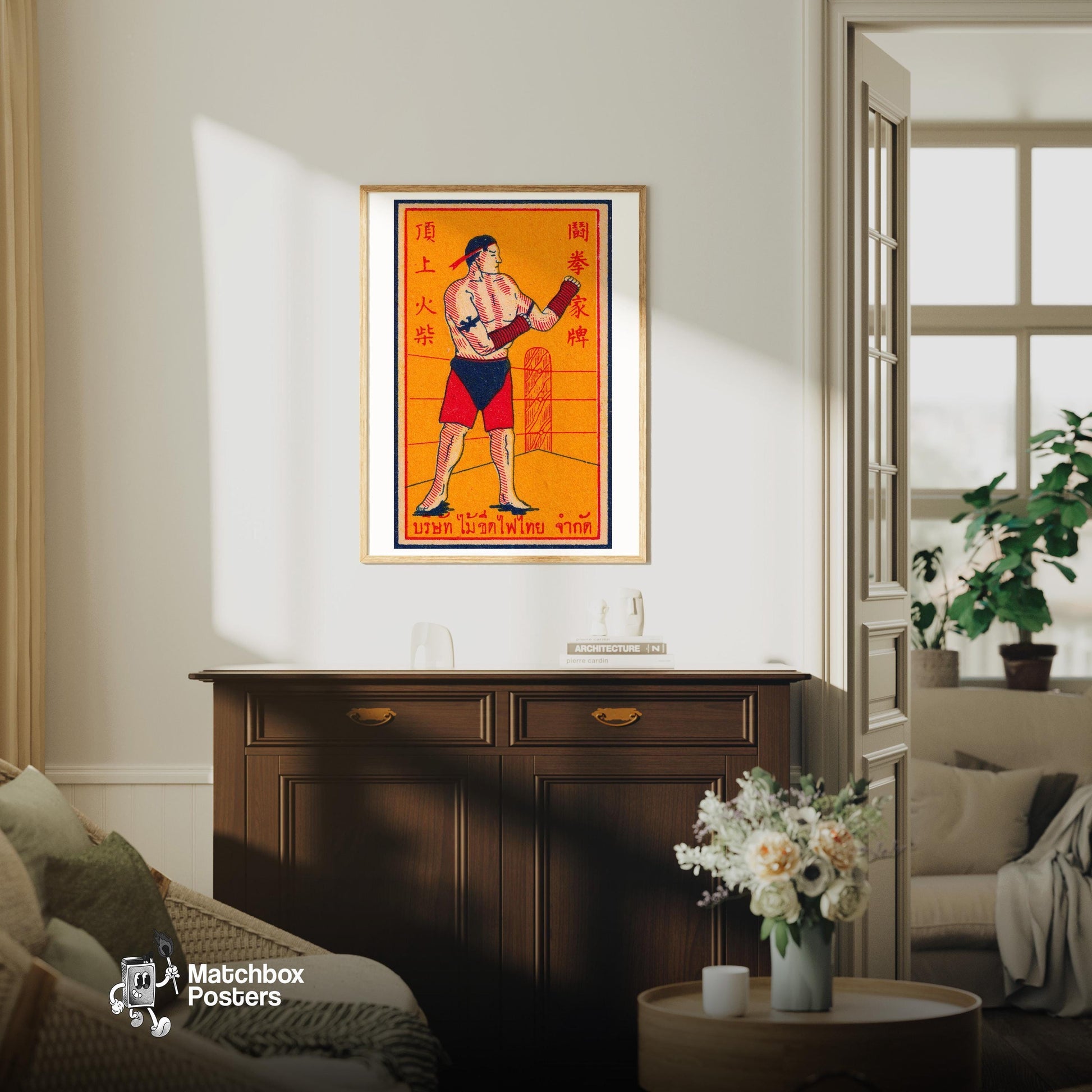 Thai Kickboxer - vintage matchbox label print - living room mockup
