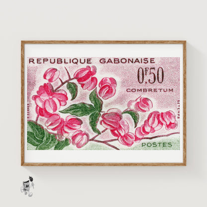 Pink Combretum Flowers Republique Gabonaise - vintage matchbox label print