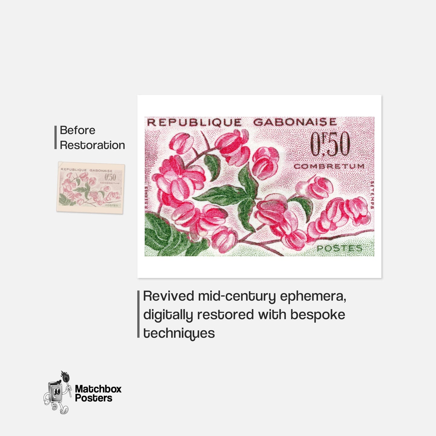 Pink Combretum Flowers Republique Gabonaise - vintage matchbox label print - framed wall art preview