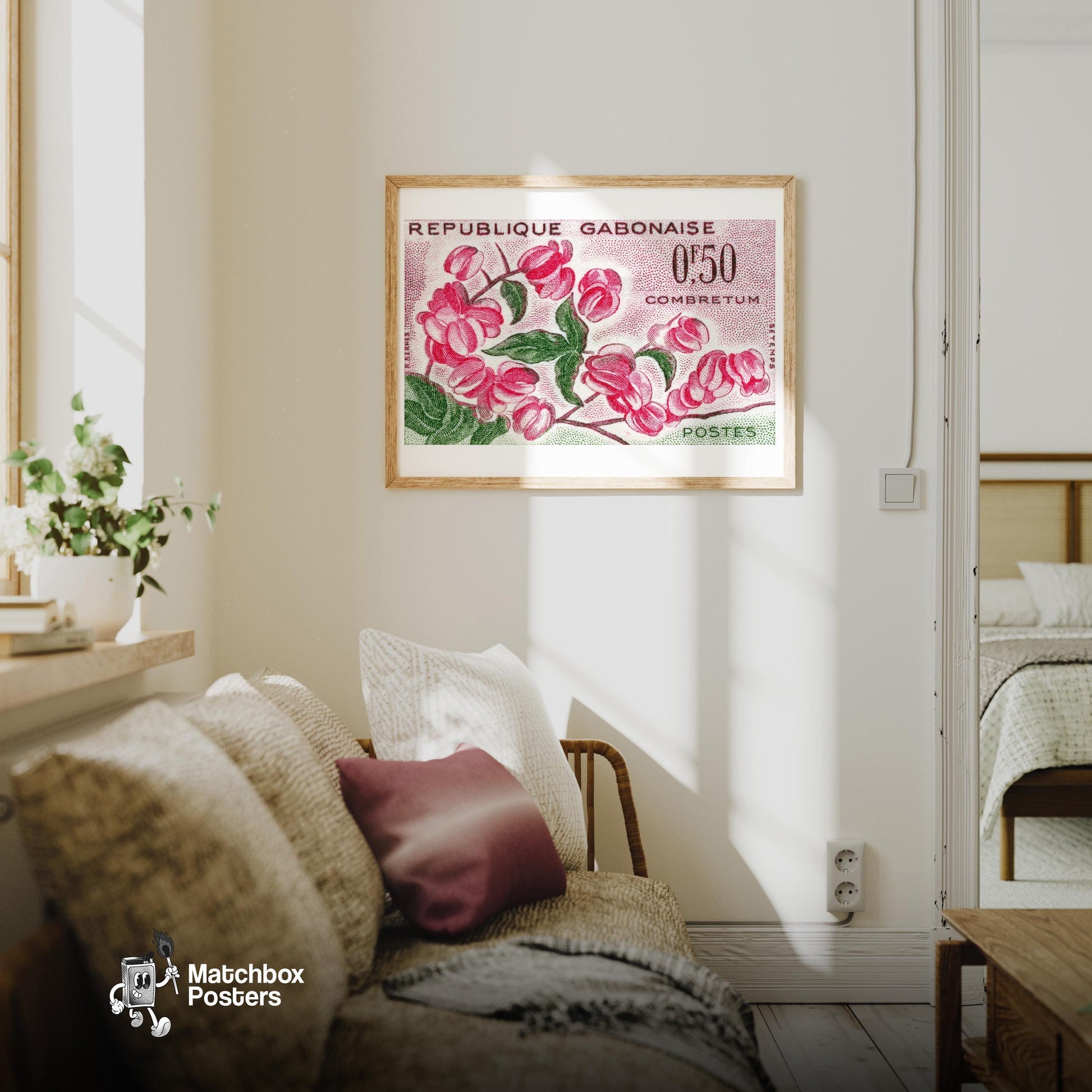 Pink Combretum Flowers Republique Gabonaise - vintage matchbox label print - living room mockup