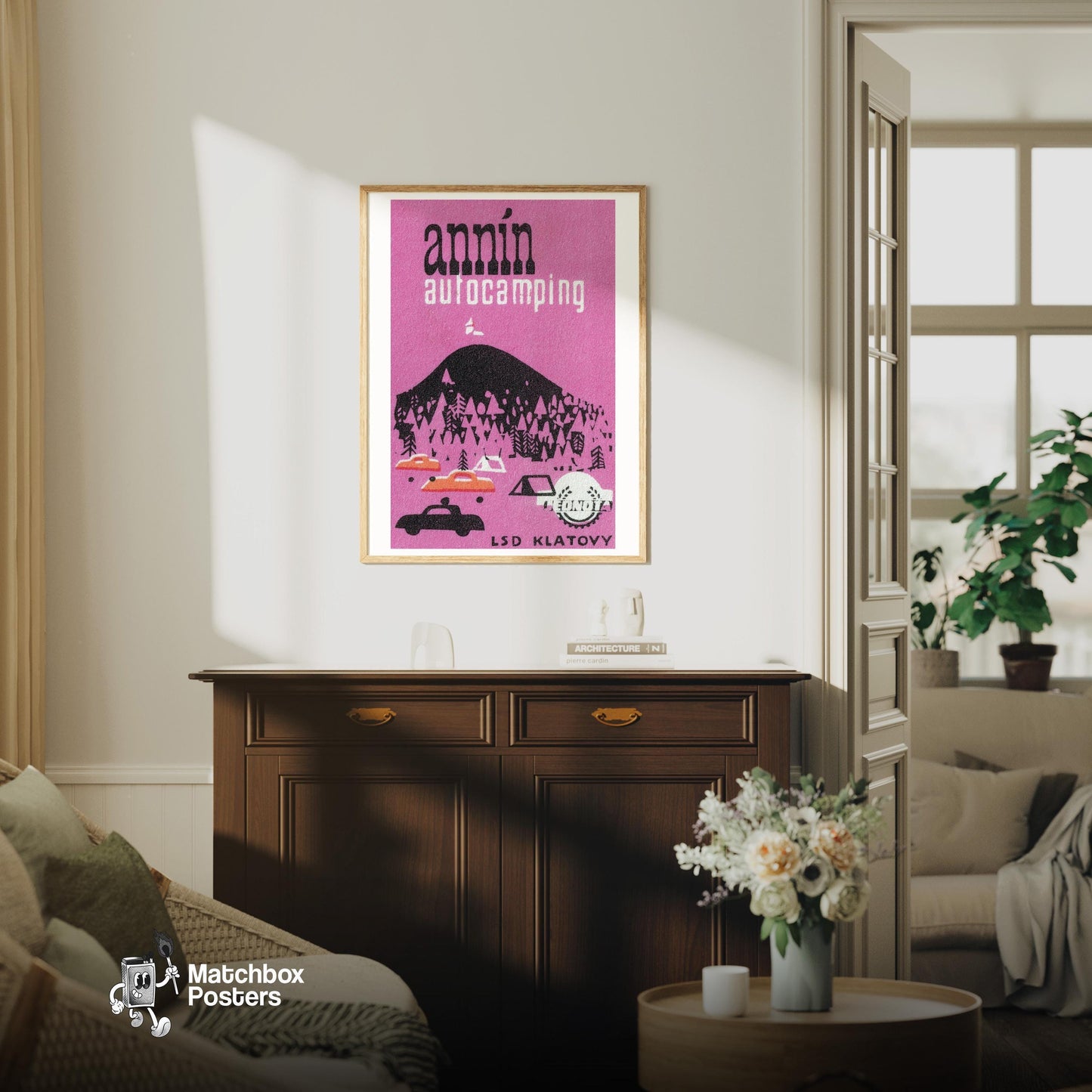 Autocamping - vintage matchbox label print - living room mockup
