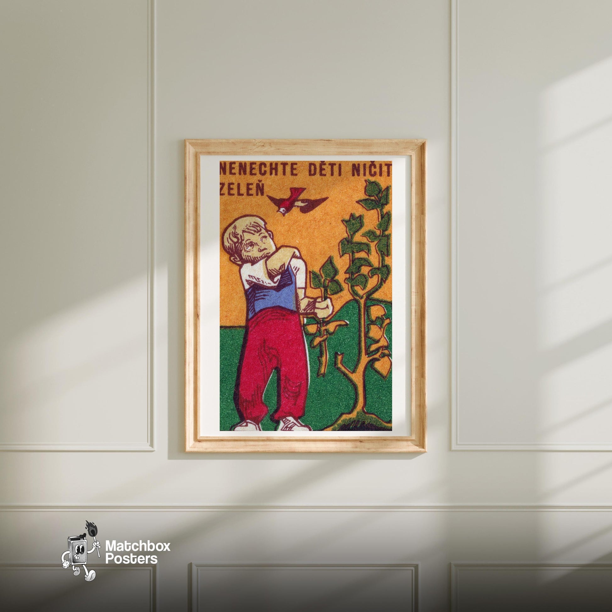 Don't Let Children Destroy Vegetables - vintage matchbox label print - bedroom mockup